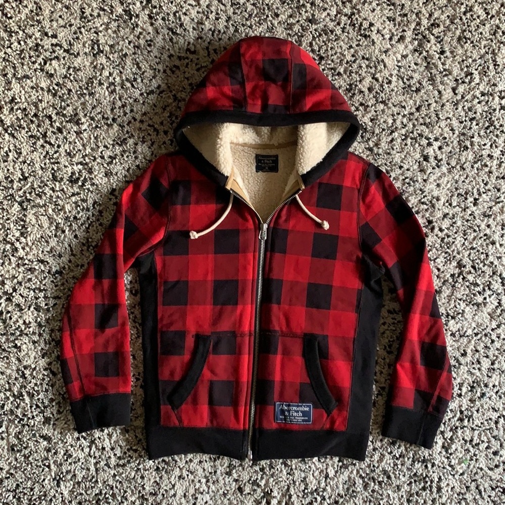 Abercrombie & Fitch Men’s Sherpa Full Zip Red Black Buffalo Plaid Hoodie Size XS - Picture 2 of 9